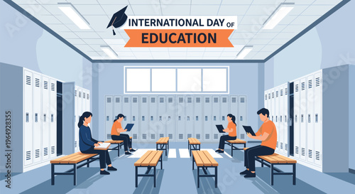 Students studying on benches in a school locker room for International Day of Education with lockers and graduation cap icon.