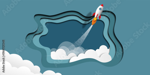 Rocket Launching Through Clouds Paper Cut Style Illustration for Startup Business Growth Concept