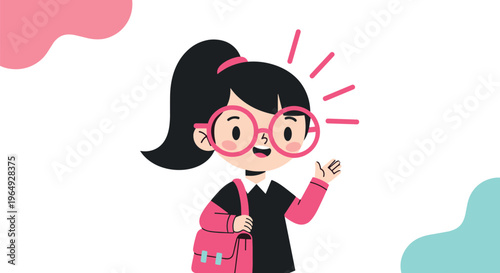 Happy cartoon girl wearing large pink glasses and carrying a school bag waving her hand against a white background with shapes.