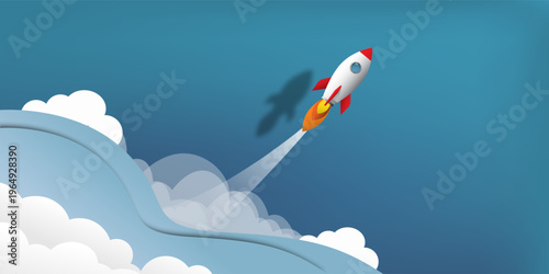 Rocket Launching Through Clouds Paper Cut Style Illustration for Startup Business Growth Concept