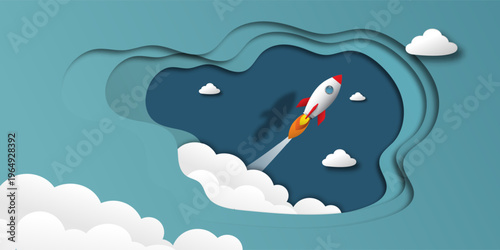 Rocket Launching Through Clouds Paper Cut Style Illustration for Startup Business Growth Concept