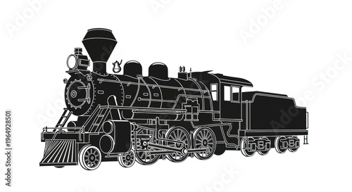 Vintage Steam Locomotive - Black and White Silhouette Illustration