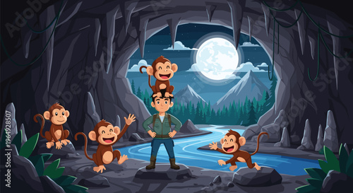 Adventurous man standing in a dark cave surrounded by playful monkeys with a view of a full moon and mountains outside.