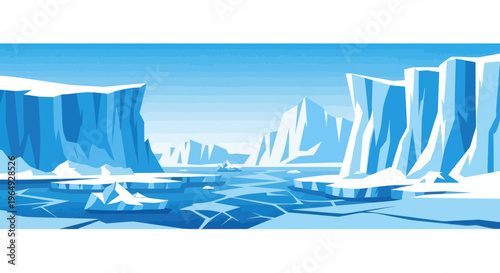 Tableau sur toile Arctic landscape with icebergs and frozen sea, blue tones, illustration