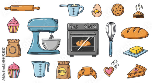 Baking Supplies and Pastries Collection: Mixer, Oven, Bread, Cupcakes, Pies, Cookies