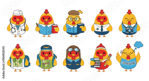 Cute Cartoon Chickens with Different Professions and Hobbies