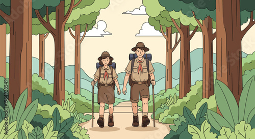 Two young scouts in uniform with backpacks and walking sticks hiking along a dirt path through a dense green pine forest.