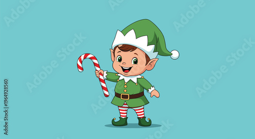Cheerful Christmas elf wearing a green suit and hat holding a large red and white striped candy cane on a blue background.