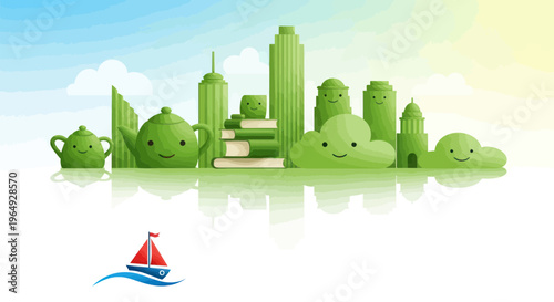 Green City Skyline with Teapots, Books, and Clouds - Eco-Friendly Urban Concept