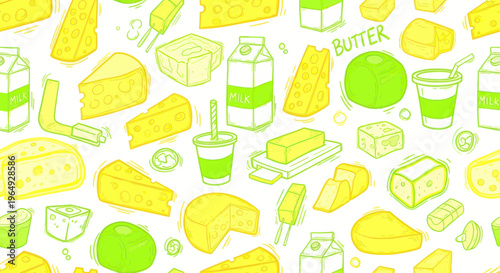 Doodle Pattern of Dairy Products: Cheese, Butter, Milk Carton, Yogurt