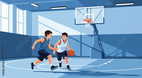 Two young men playing basketball in a bright indoor gym with sunlight streaming through large windows and a basketball hoop.