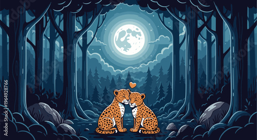 Two cheetahs sitting closely together with a heart symbol above them in a dark forest illuminated by a large full moon.