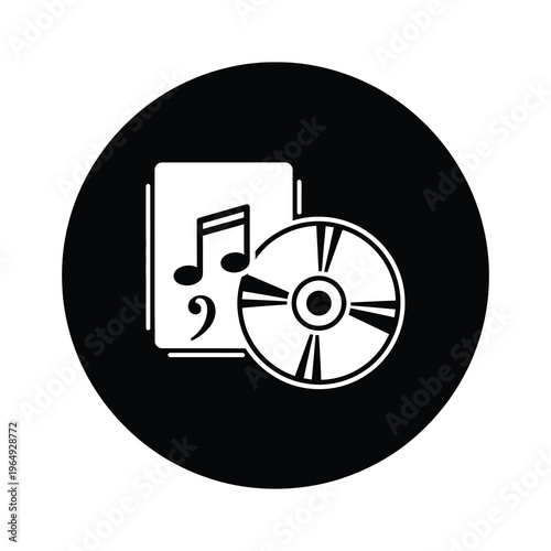 Music sheet and compact disc icon in black circle graphic design element icon