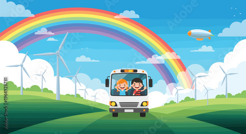 White school bus with happy children driving on a road through a green landscape with wind turbines, a rainbow, and a blimp.