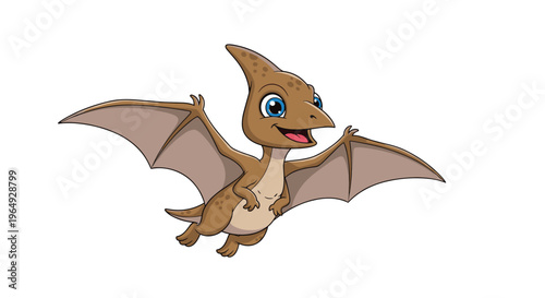 Small brown cartoon Pteranodon dinosaur with blue eyes flying through the air with its wings spread wide against a white background.