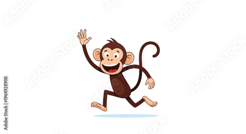 Energetic and happy cartoon monkey running with one hand waving in the air while looking forward against a plain white background.