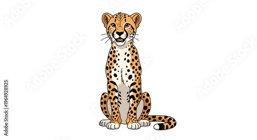Detailed illustration of a majestic cheetah sitting upright and looking forward with its characteristic spotted coat on white.