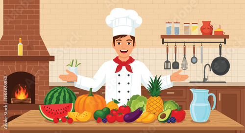 Happy male chef in a white uniform gesturing towards a table filled with diverse fresh fruits and vegetables in a kitchen.