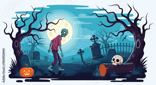 Creepy zombie walking through a dark graveyard under a full moon with tombstones, twisted trees, and a jack o lantern.