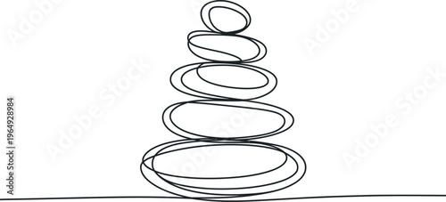 A series of oval shapes are stacked vertically in a single continuous line to represent a cairn or zen stones.