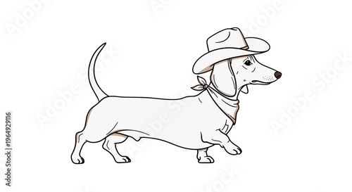 Whimsical dachshund wearing cowboy hat and bandana walking confidently with tail