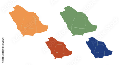 Four colorful outline maps of saudi arabia showing regions in different vibrant
