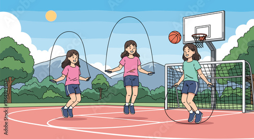 Group of active school girls enjoy physical exercise by skipping rope on an outdoor basketball and soccer court during a sunny day.
