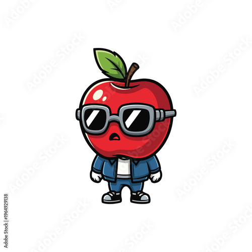 Red apple cartoon mascot character wearing black sunglasses, a blue denim jacket, white t-shirt, and blue trousers, standing on a white background with a single green leaf on stem.