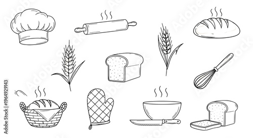Hand drawn bakery elements bread chef hat rolling pin whisk oven mitt wheat