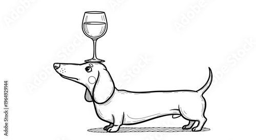 Dachshund dog balancing wine glass on head whimsical sketch style playful pet