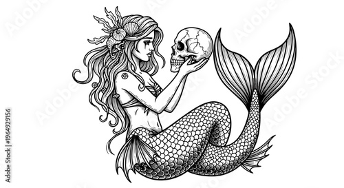 Mysterious mermaid pondering a human skull in artistic black and white line art