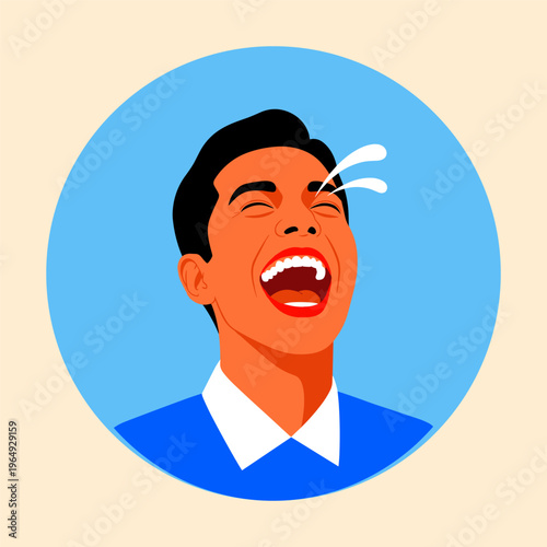 Man laughing with tears of joy in a blue circle background
