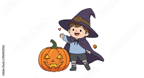 Cute young boy dressed in a wizard or witch costume for Halloween stands next to a carved orange jack-o-lantern pumpkin.