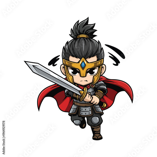 Chibi male warrior character illustration featuring a young knight in grey plate armor, wearing a golden helmet with a blue gem and a flowing red cape, brandishing a silver sword.
