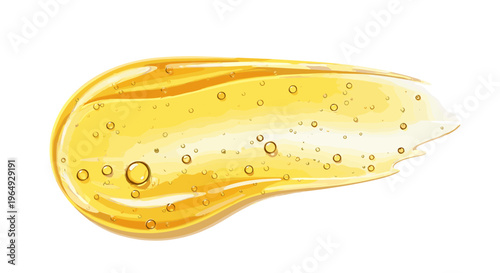 Golden cosmetic gel swatch with tiny air bubbles isolated on a white background
