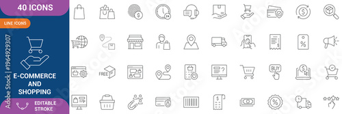 E-commerce and Shopping icon set. Containing mobile shop, shopping cart, testimonials, shipping and delivery, fashion and etc. line Icon. Editable stroke. Vector file.