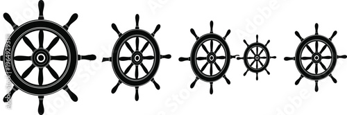 Set of Black Nautical Ship Wheel Silhouettes Featuring Various Traditional Wooden Steering Wheels for Maritime Branding, Sailing Adventures, and Naval Design