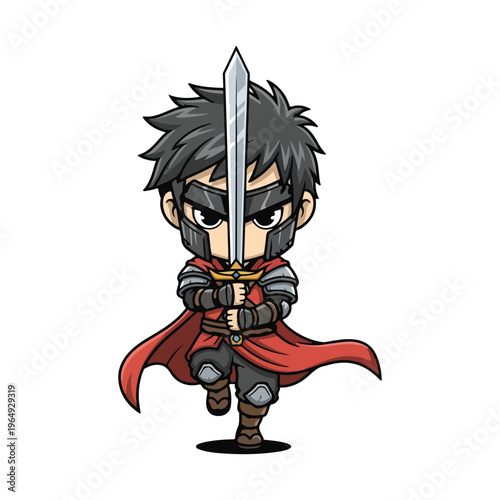 Chibi anime knight warrior illustration holding a silver longsword with both hands, wearing a red cape, grey armor, and helmet, spiky black hair, isolated on white background.