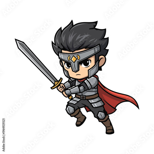 Chibi knight character in silver plate armor with a red cape holding a longsword in a dynamic battle stance, featuring a cartoon anime style illustration on a white background.
