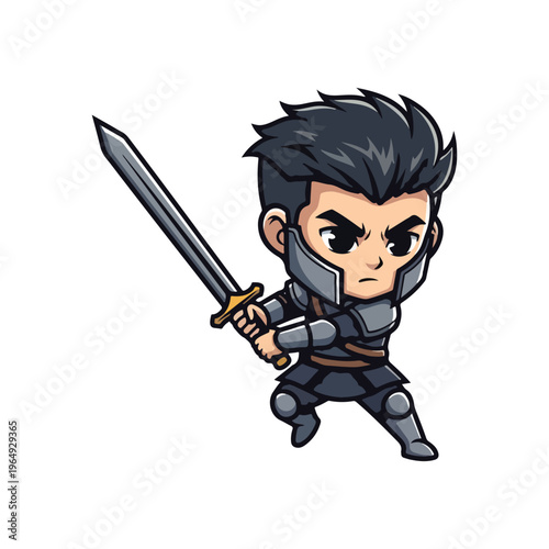 Chibi cartoon illustration of a male knight warrior with black spiky hair wielding a silver longsword in a combat pose, wearing grey plate armor isolated on a white background.