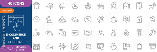 E-commerce and Shopping icon set. Containing mobile shop, shopping cart, testimonials, shipping and delivery, fashion and etc. line Icon. Editable stroke. Vector file.