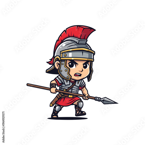 Chibi Roman legionary character wearing silver lorica segmentata armor and a red plumed helmet, holding a spear in a combat stance, isolated on a white background.