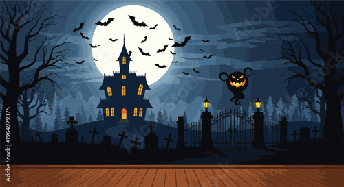Spooky haunted mansion on a hill at night with a full moon, bats flying, and a graveyard with crosses and a jack-o-lantern ghost.