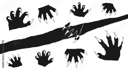 Sharp clawed animal paws and footprints silhouettes graphic design elements