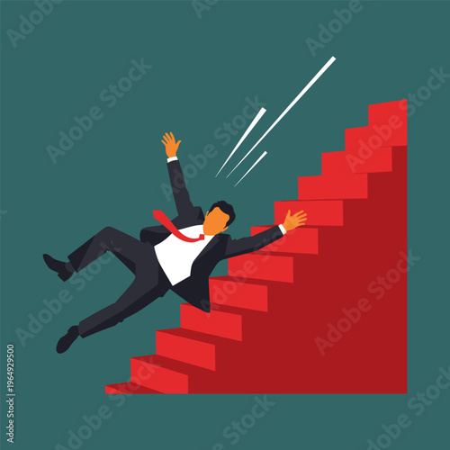 Businessman falling down red stairs in a dynamic motion
