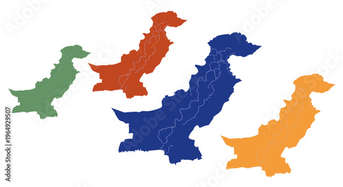 Colorful pakistan map silhouettes representing regions and diversity on white
