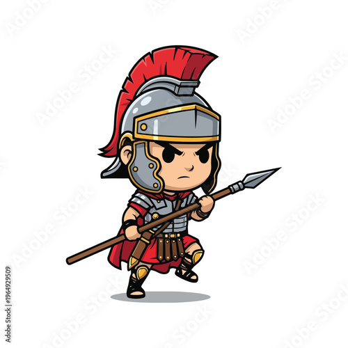 Chibi style cartoon Roman centurion soldier character wearing silver galea helmet with red crest and segmented plate armor holding a spear in a ready stance on a white background.