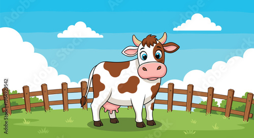 Brown and white spotted cow stands in a green grassy field with a wooden fence under a clear blue sky with white clouds.