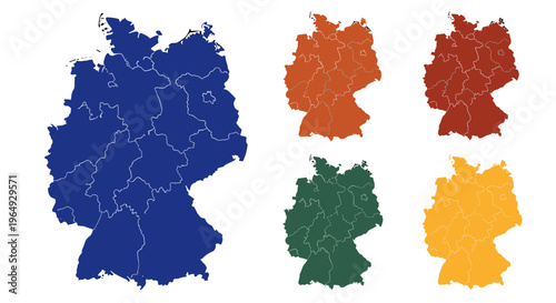 Colorful collection of germany map outlines with state borders isolated on white