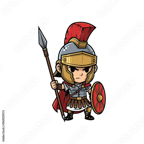 Cartoon illustration of a chibi Roman legionnaire soldier holding a spear and a round shield, wearing a golden helmet with a red plume, metallic armor, and a flowing red cape.